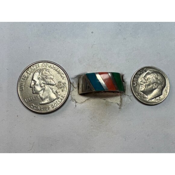 Estate Sterling Silver 925 Multi-Stone Inlay Ring Blue Green Orange Band Sz 8.5 - Picture 6 of 8
